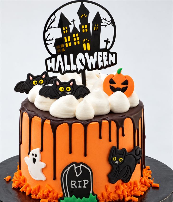 Oranžová halloweenska torta s netopiermi a mačkou